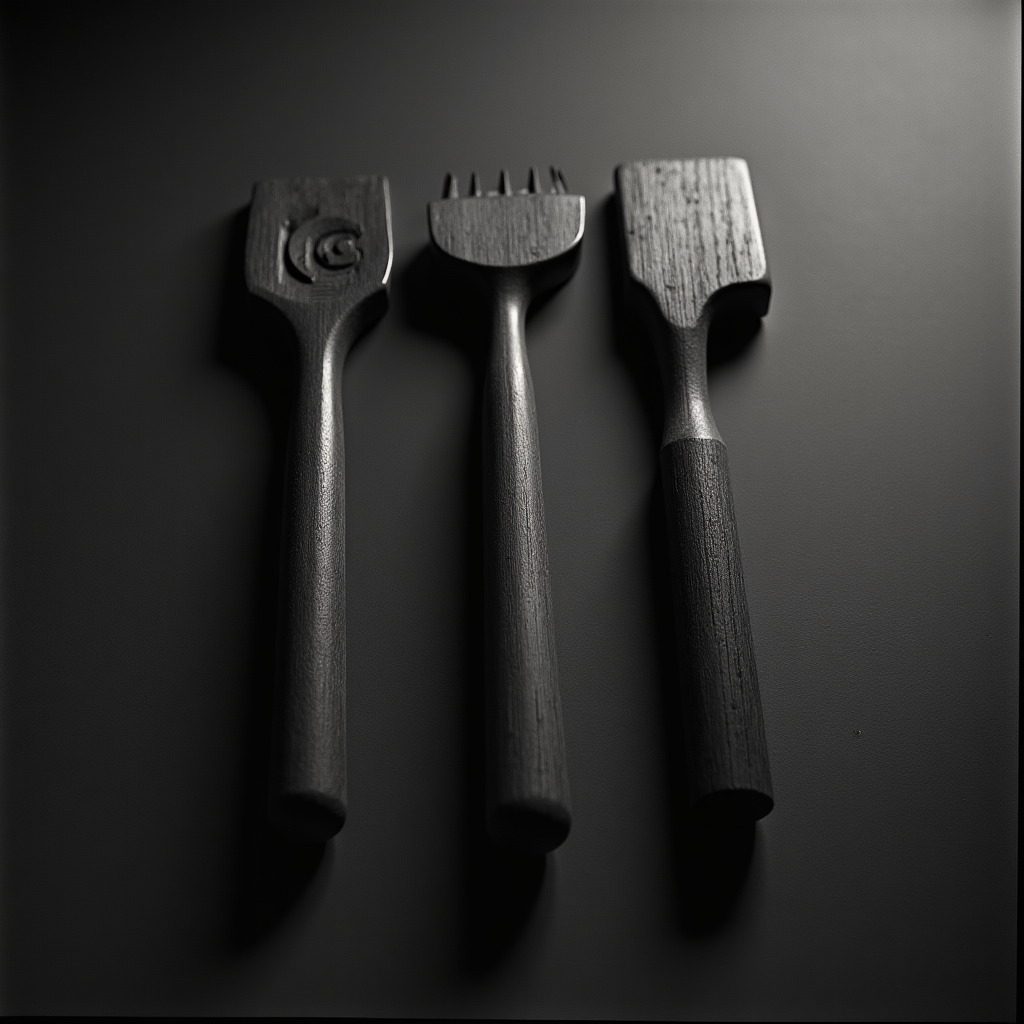 The source still: three carved dark wooden tools on a dark surface, monochrome film photograph from Replicate flux-dev