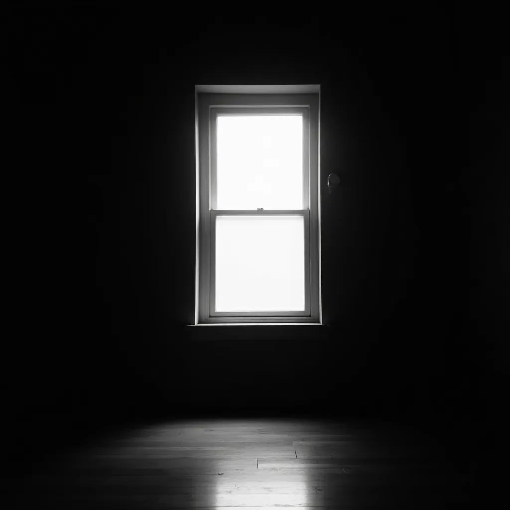 A tall sash window glowing with soft daylight in a near-black room, light pooling on a bare wood floor; monochrome film photograph